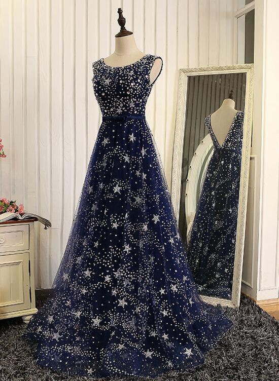 Vestido largo de fiesta de tul azul marino con espalda en V, vestidos de graduación, vestidos de dama de honor de corte A azules