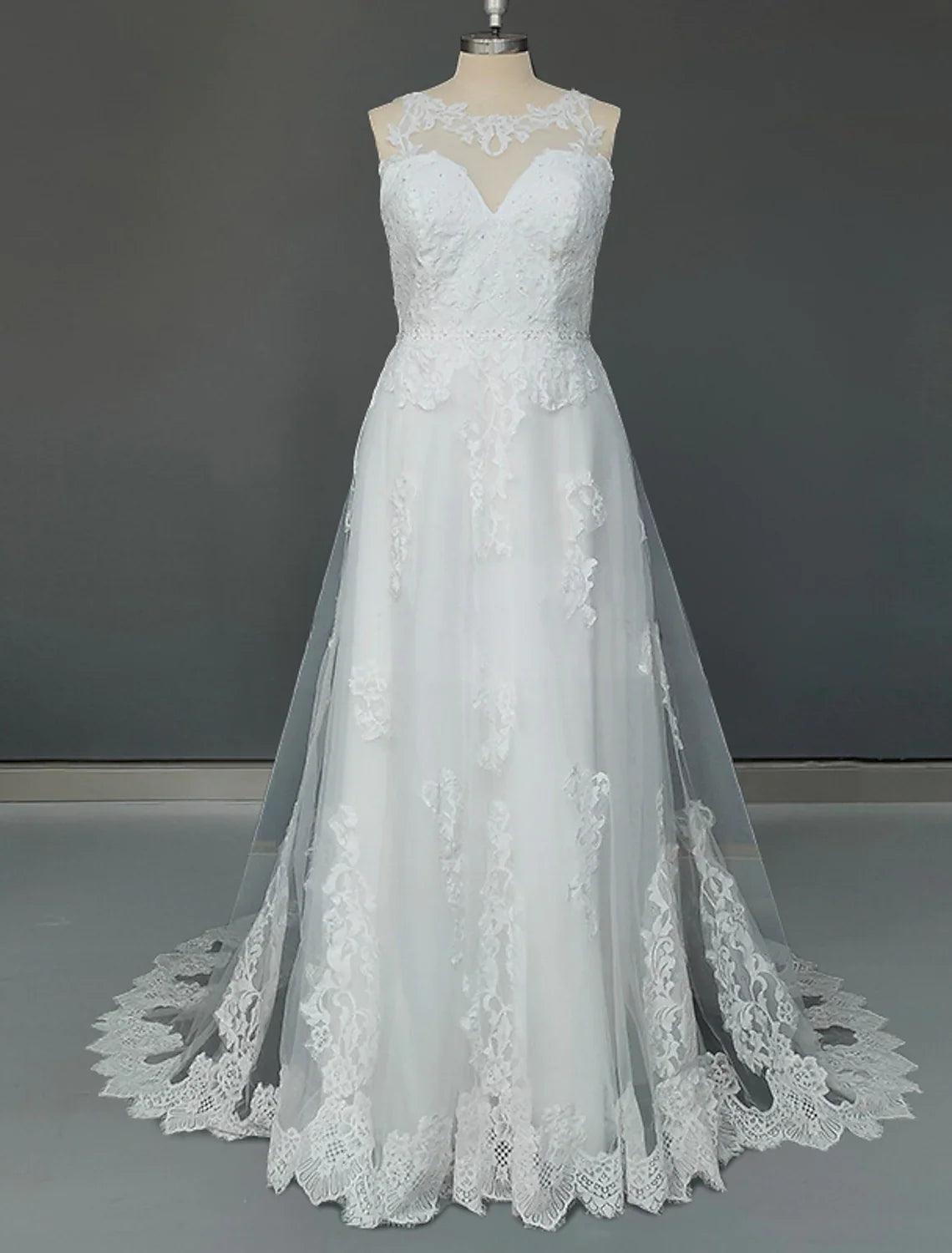 Verlobungs-Hochzeitskleider mit Hofschleppe, A-Linie, ärmellos, Rundhalsausschnitt, Tüll mit Applikationen