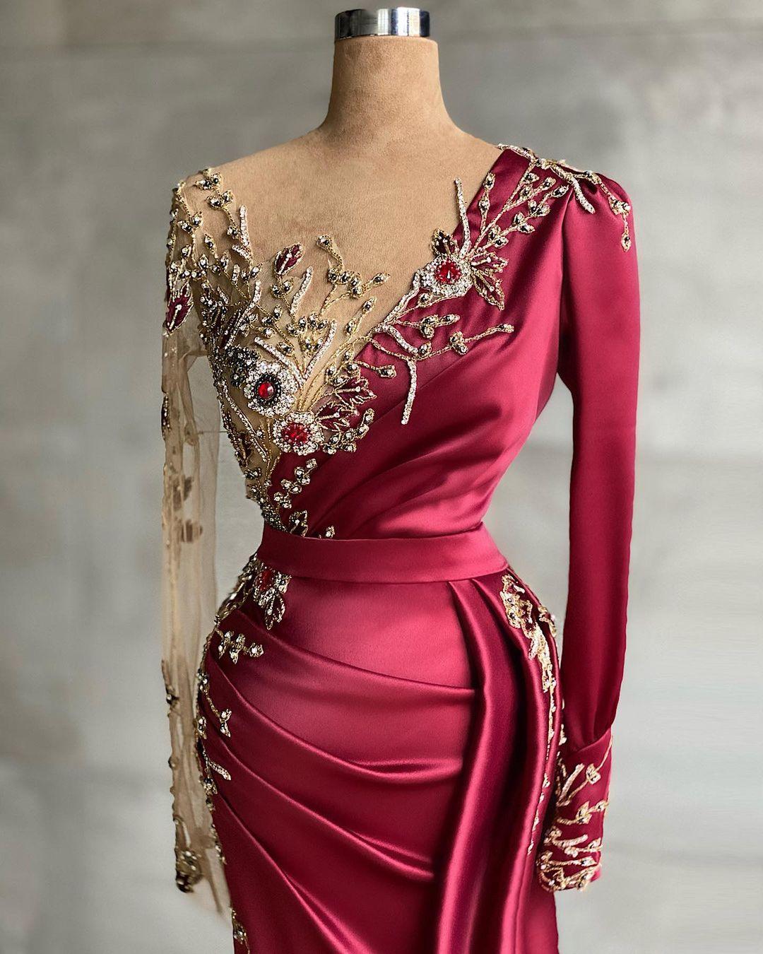 Vestido de noche rojo largo hasta el suelo, vestidos de fiesta con mangas