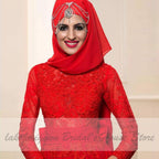 Vestido de novia elegante con hijab rojo NumberSea, manga larga y cuello redondo