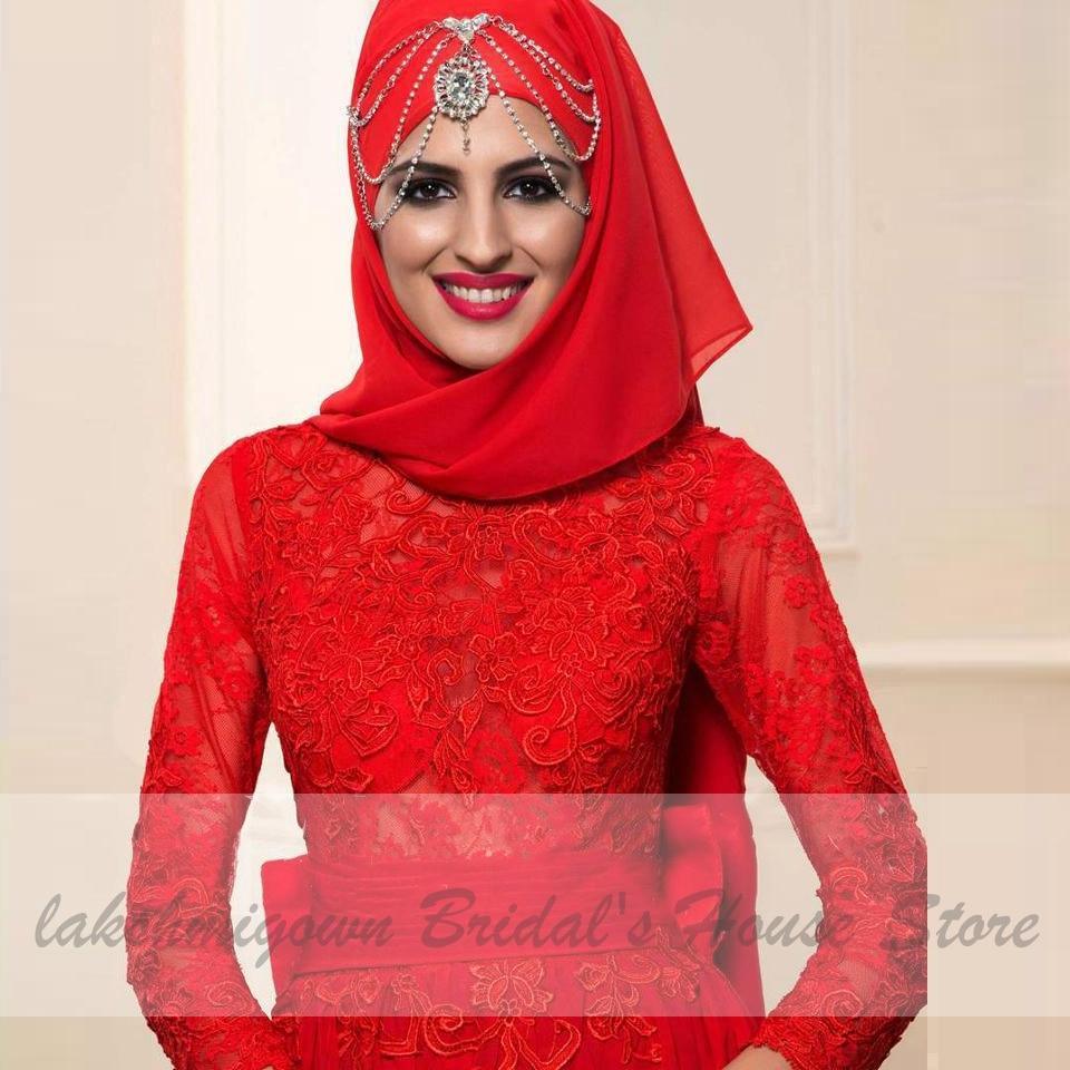 Vestido de novia elegante con hijab rojo NumberSea, manga larga y cuello redondo