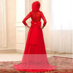 Vestido de novia elegante con hijab rojo NumberSea, manga larga y cuello redondo