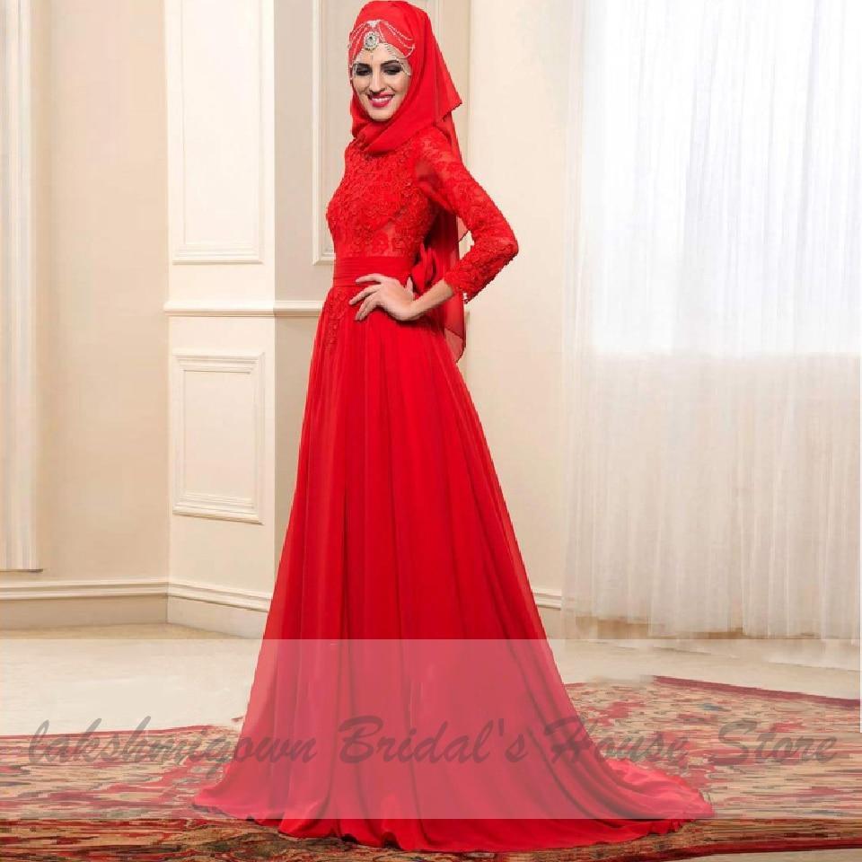 Vestido de novia elegante con hijab rojo NumberSea, manga larga y cuello redondo