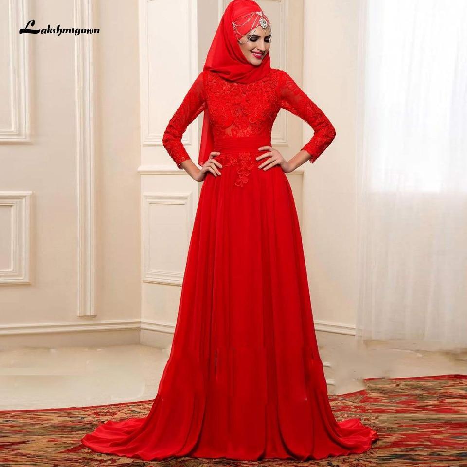 Vestido de novia elegante con hijab rojo NumberSea, manga larga y cuello redondo