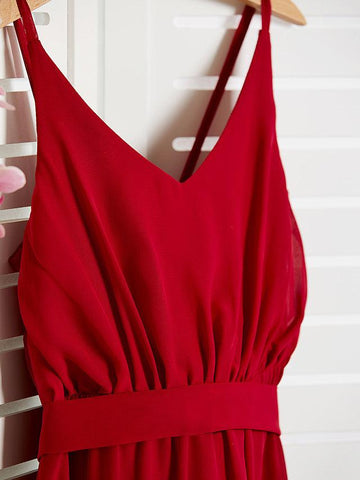 Vestido rojo largo de gasa con tirantes finos para niña de las flores, corte A, para dama de honor juvenil