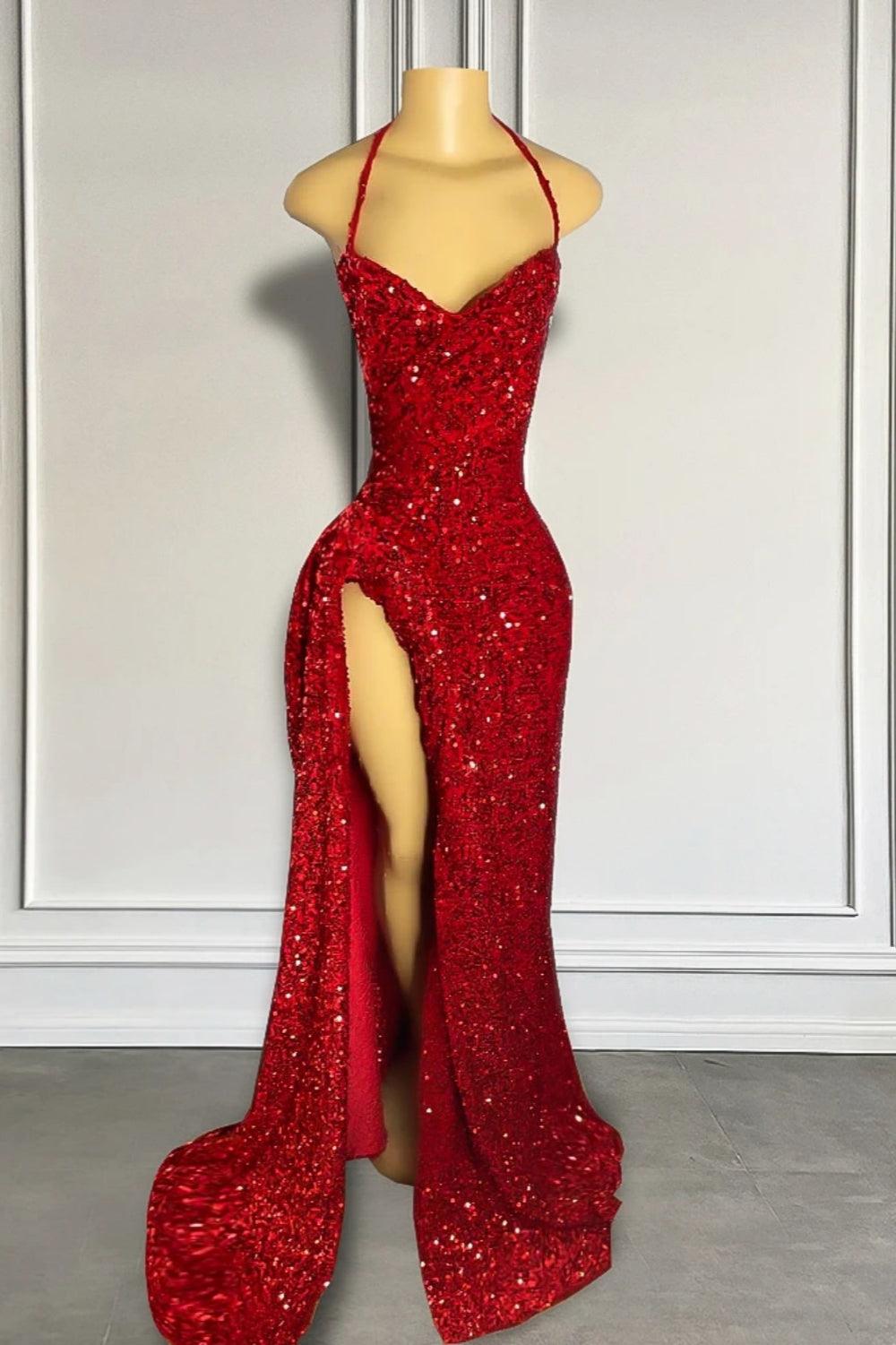Vestido de fiesta rojo con lentejuelas y abertura, largo hasta el suelo y brillante.