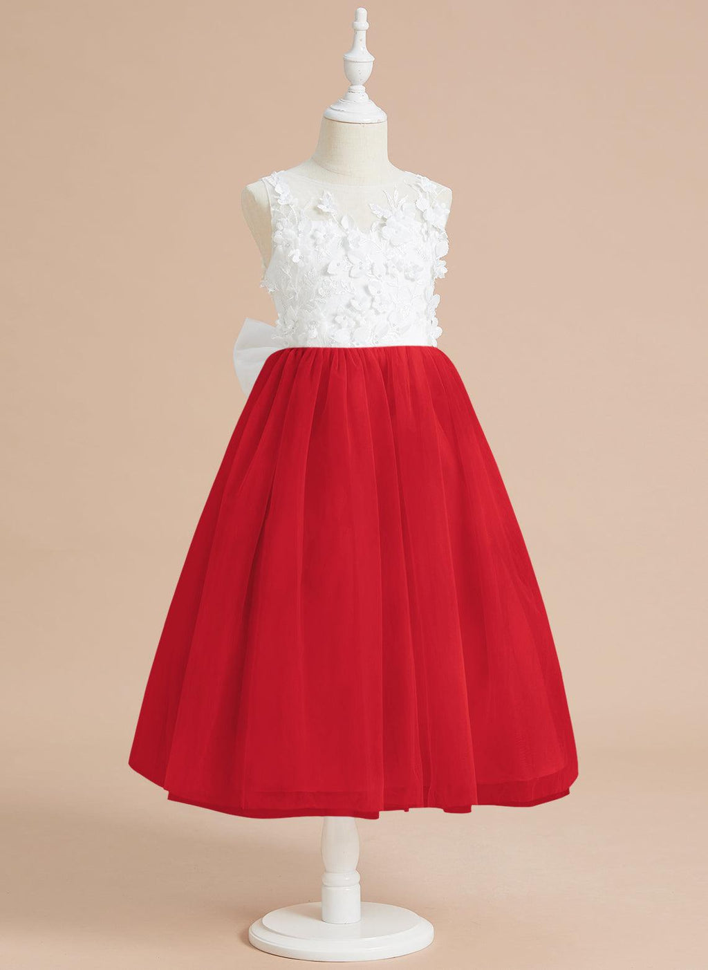 Vestido largo hasta la rodilla con encaje floral y lazo grande 