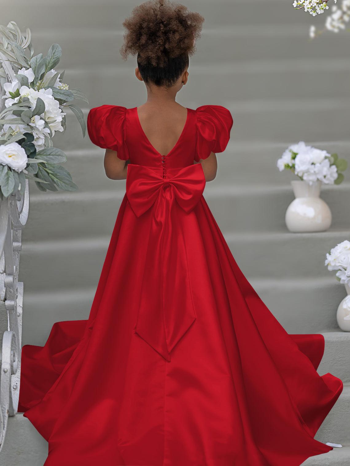 Kleid für Blumenmädchen mit Puffärmeln, Schleife, Knopfleiste hinten und Schleppe 