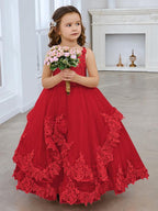 Vestido de princesa de tul sin mangas con apliques de encaje y cola larga para niñas 