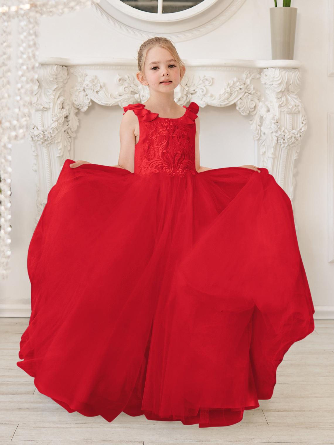 Elegante vestido de niña de las flores de tul blanco con cola larga 