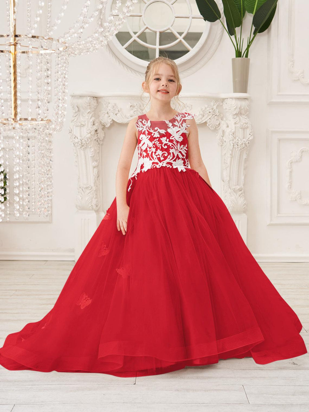 Elegante vestido de tul sin mangas estilo princesa de corte A para niña de las flores 