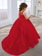 Vestido de princesa rosa para niña con apliques de encaje 
