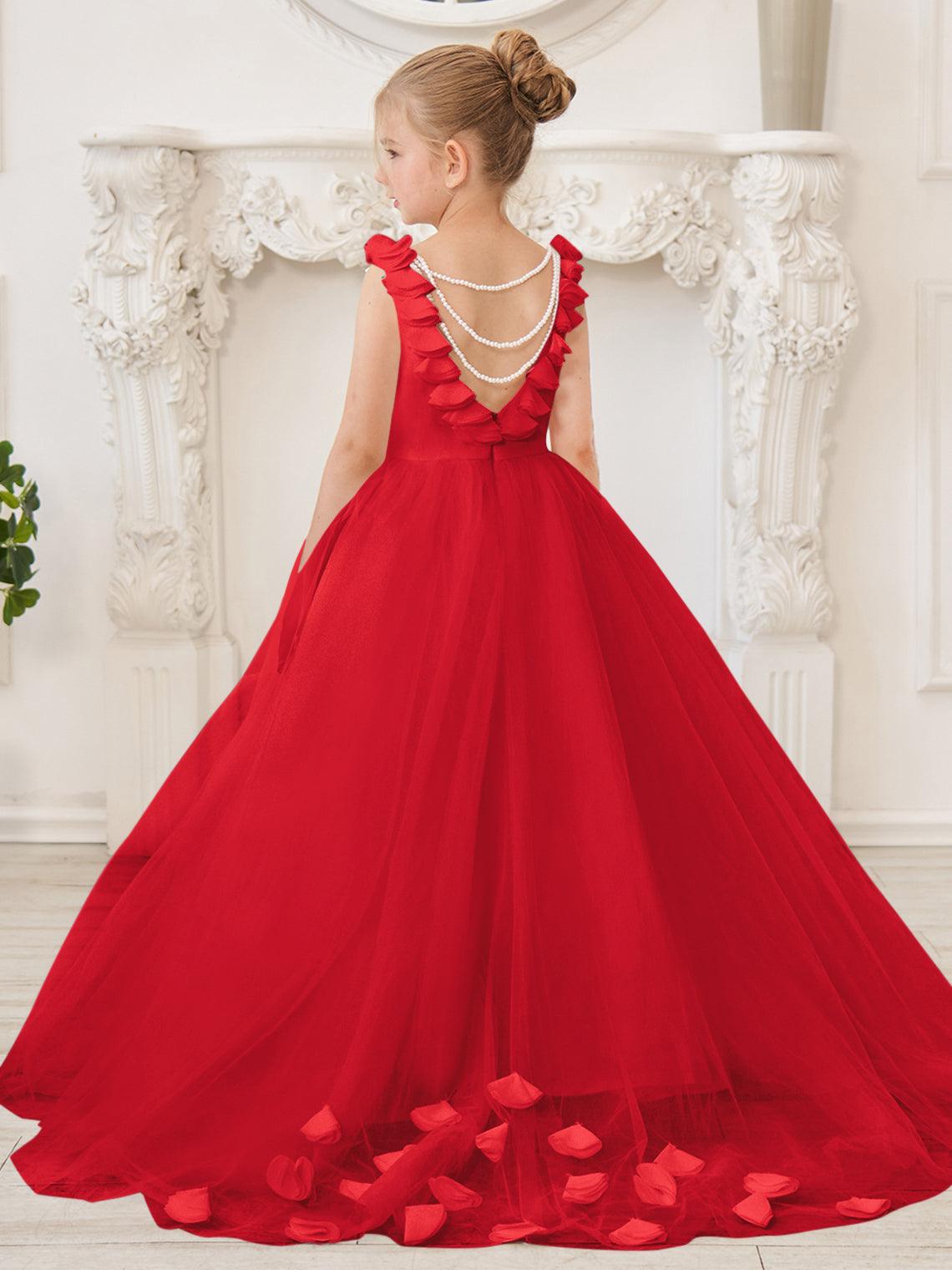 Elegante vestido de niña de las flores de tul blanco con cola larga 
