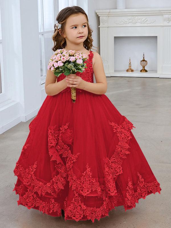 Vestido de princesa de tul sin mangas con apliques de encaje y cola larga para niñas 