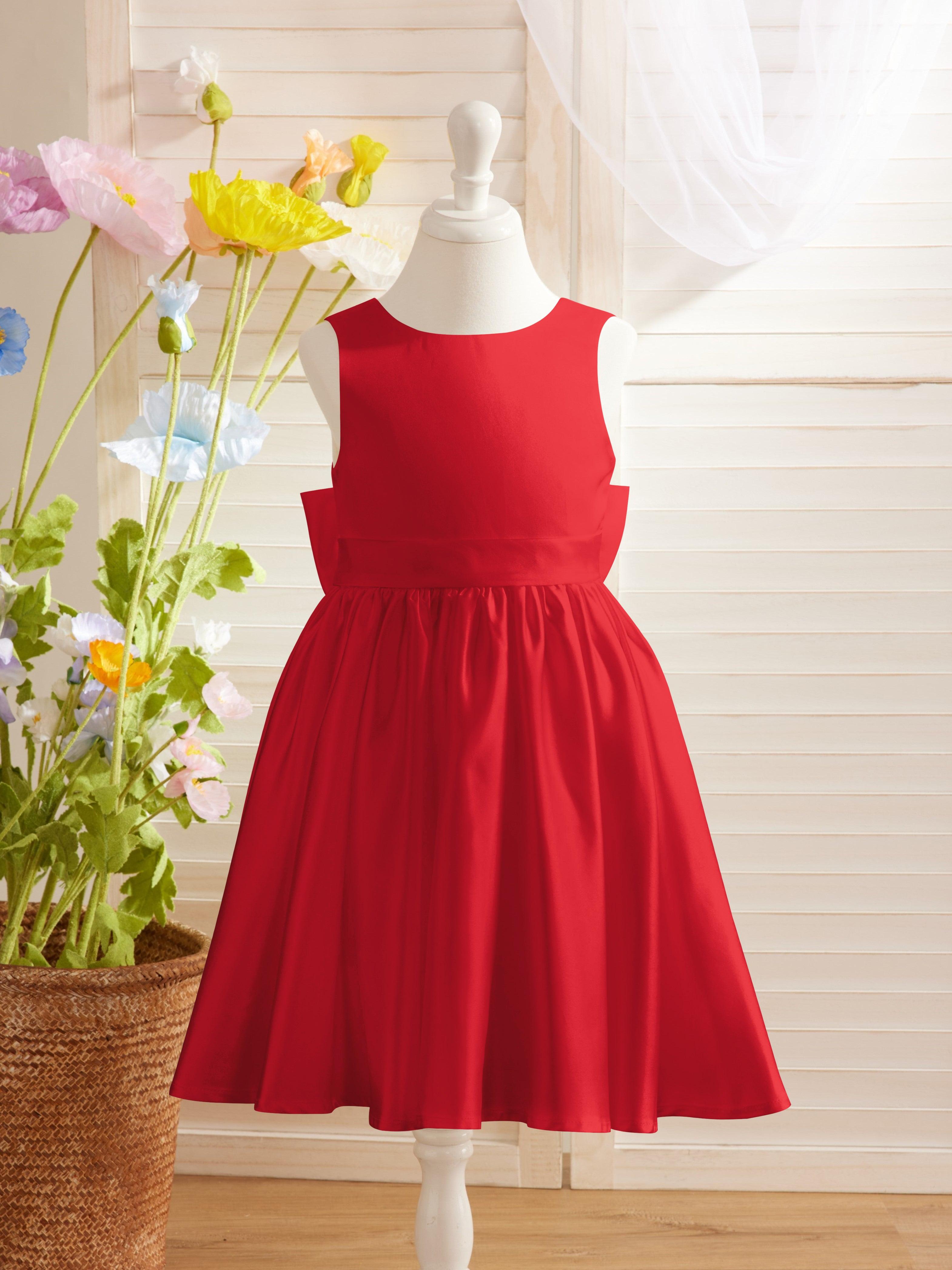 Elegante vestido de niña de las flores de satén con escote en V, corte A y lazo hasta la rodilla 