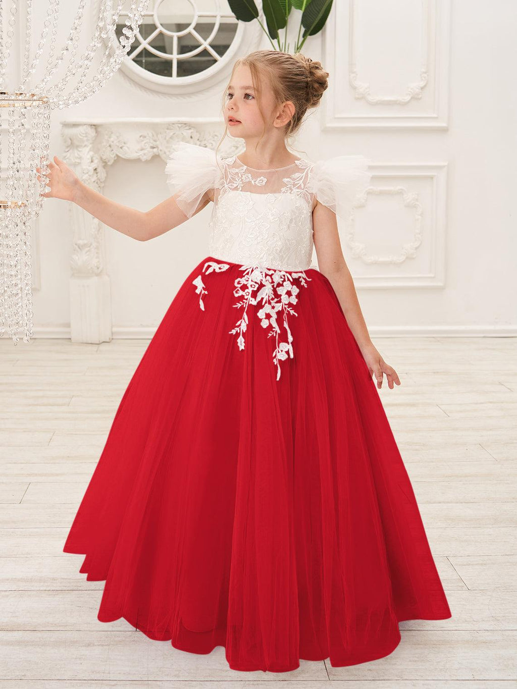 Vestido de niña de las flores con cola larga y tul con encaje desmontable 