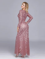 Mermaid / Trumpet Empire Elegant Party Wear Formal Evening Valentine's Day Dress Jewel Neck Long Sleeve Floor Length Tulle with Embroidery