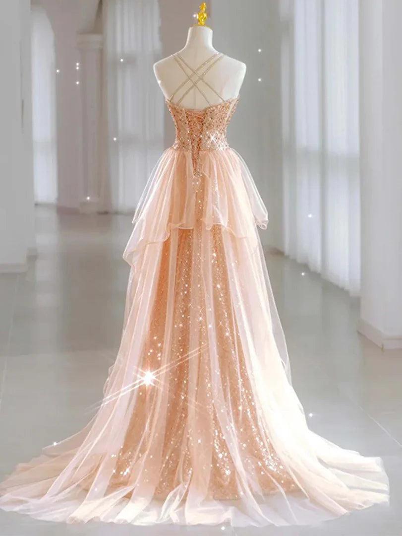 Vestido de fiesta con lentejuelas, tul brillante, cordones en la espalda