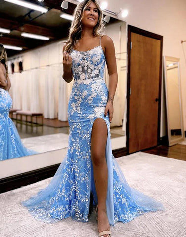 Robe de bal sirène à bretelles spaghetti en dentelle et tulle avec fente