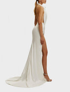 Vestidos de fiesta de corte tubo/columna, elegantes, para graduación, corte en cola, sin mangas, cuello halter, para invitados de boda de otoño, de satén con abertura, color puro