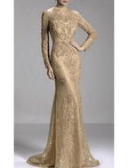 Mermaid Party Dress Evening Gown Luxurious Christmas Dress Engagement Formal Evening Sweep / Brush Train Long Sleeve Jewel Neck Fall Wedding Guest Lace with Beading Appliques
