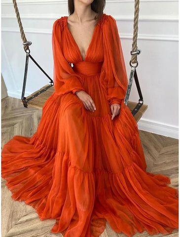 Wedding Guest Dress Formal Floor Length Long Sleeve V Neck Chiffon with Evening Dresses ﻿