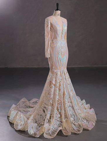 Meerjungfrau/Trompete Abendkleid Sparkle &amp; Shine Kleid Formeller Abend Hochzeitsfeier Kapelle Schleppe Langarm Juwel Hals Afroamerikaner Pailletten mit Pailletten