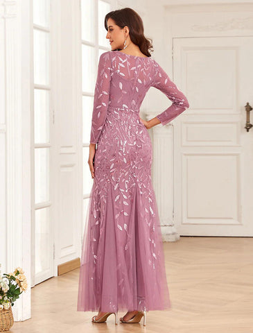 Meerjungfrau/Trompete Abendkleid Elegantes Kleid Abschlussball Hochzeit Party Bodenlang Langarm Rundhals Tüll mit Stickerei