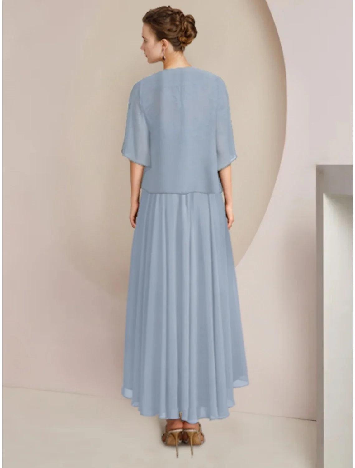 Sheath / Column Mother of the Bride Dress Wedding Guest Vintage Elegant V Neck Asymmetrical Ankle Length Chiffon Lace Half Sleeve with Pleats Solid Color