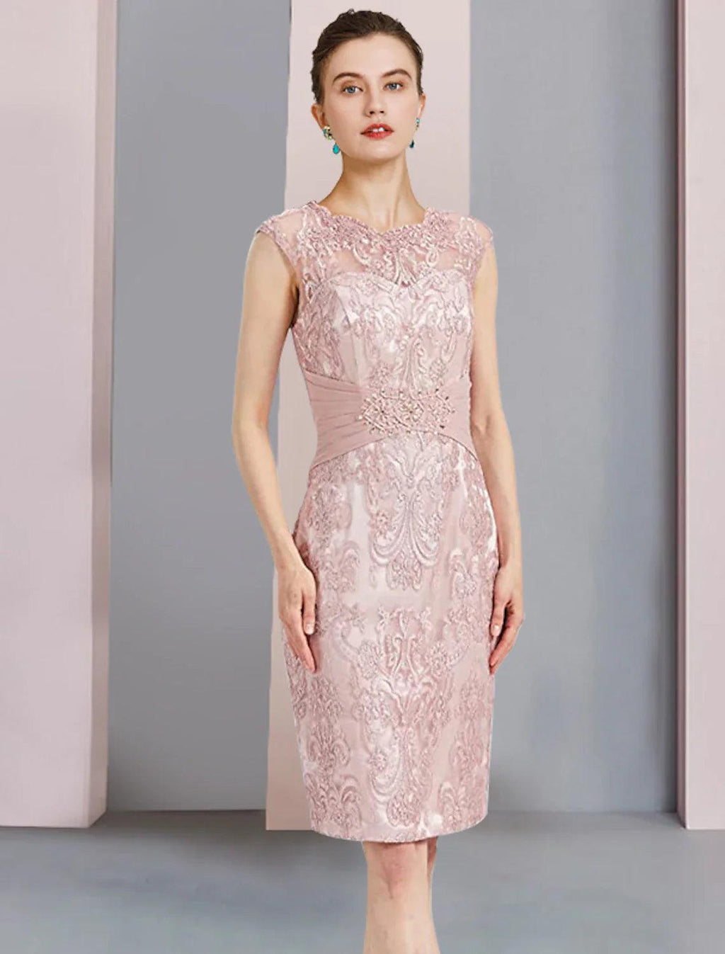 Vestido de dos piezas tipo tubo/columna para madre de la novia, elegante, de escote redondo, largo hasta la rodilla, de gasa, con encaje, sin mangas, con apliques de cuentas