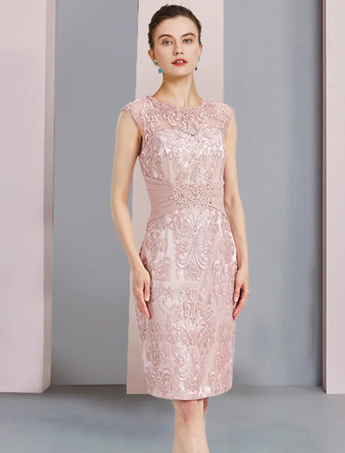 Vestido de dos piezas tipo tubo/columna para madre de la novia, elegante, de escote redondo, largo hasta la rodilla, de gasa, con encaje, sin mangas, con apliques de cuentas