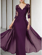 Etui-Linie/Säulenkleid für die Brautmutter, Hochzeitsgast, elegant, V-Ausschnitt, knöchellang, Chiffon, Spitze, halbe Ärmel, mit Rüschen, einfarbig