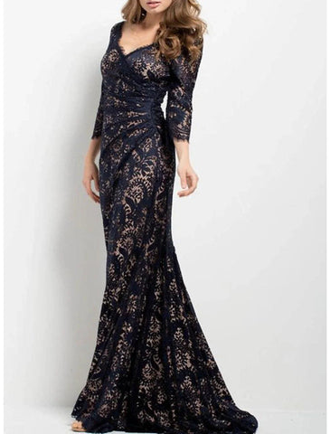 Meerjungfrau/Trompete Mutter der Braut Kleid Hochzeitsgast Elegant V-Ausschnitt Sweep/Pinsel Schleppe Spitze Langarm Nein mit gerafften Applikationen