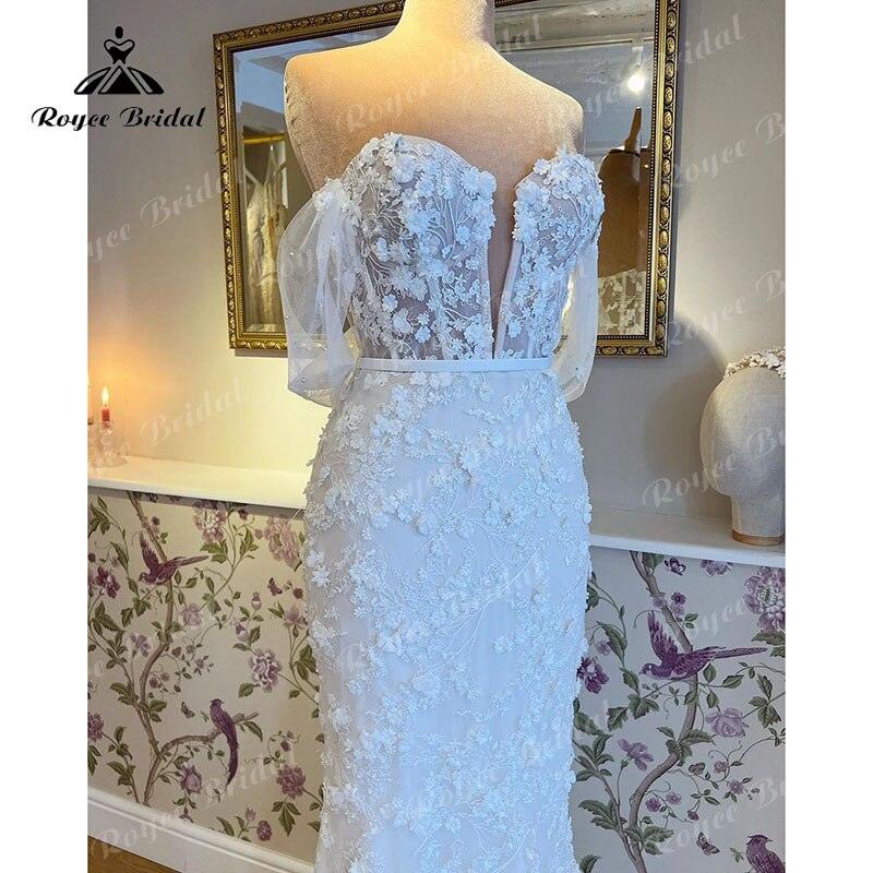 Robe de mariée sirena/trompeta vestido de novia fuera del hombro cuello en V encaje 3D flores vestido de novia vestido de boda corte sirena