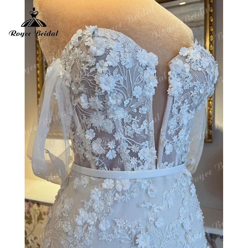 Robe de mariée sirena/trompeta vestido de novia fuera del hombro cuello en V encaje 3D flores vestido de novia vestido de boda corte sirena
