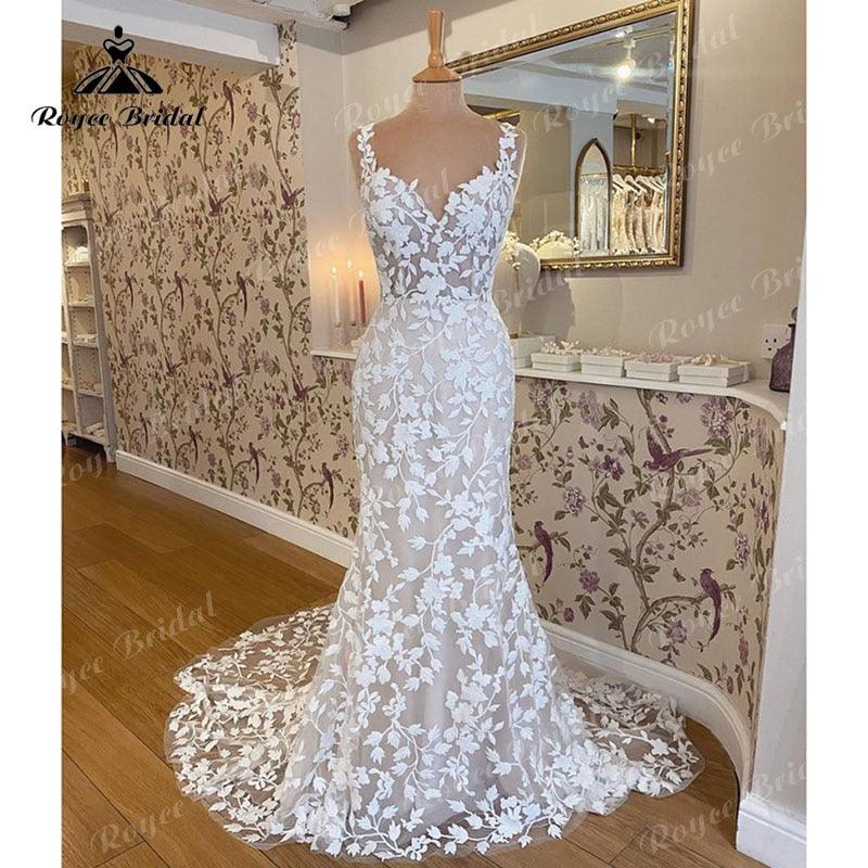Vestido de novia sirena con tirantes finos, estilo boho, espalda descubierta, encaje, escote corazón, corte sirena/trompeta, para playa