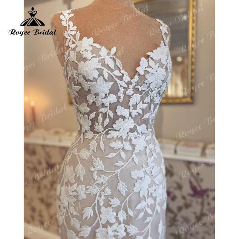 Vestido de novia sirena con tirantes finos, estilo boho, espalda descubierta, encaje, escote corazón, corte sirena/trompeta, para playa