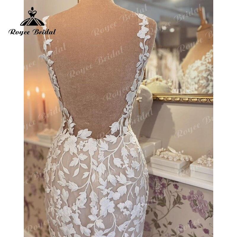 Vestido de novia sirena con tirantes finos, estilo boho, espalda descubierta, encaje, escote corazón, corte sirena/trompeta, para playa