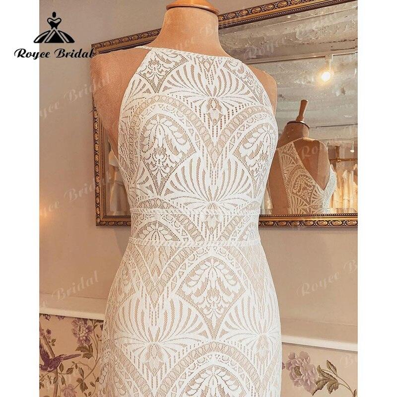 Robe mariée sirene vestido de novia trompeta Halter espalda abierta encaje sirena Vintage vestido de boda campestre vestido de boda corte sirena