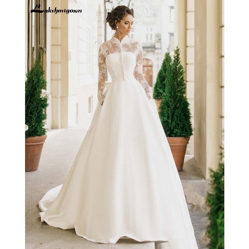 Vestidos de novia románticos de encaje NumberSea con escote en V y corte A con abertura alta