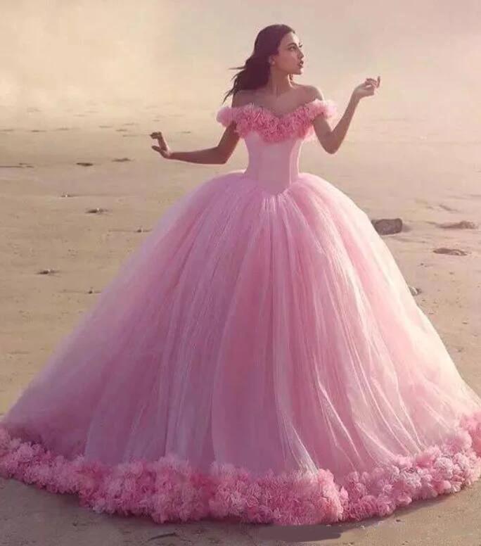 NumberSea-NumberSea Romantic Poofy Pink Floral Wedding Dresses Off the Shoulder Pink