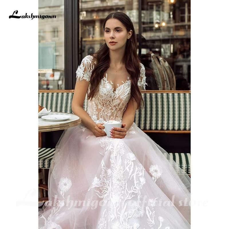 Vestidos de novia románticos de tul rosa brillante de NumberSea