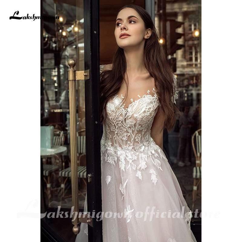 Vestidos de novia románticos de tul rosa brillante de NumberSea