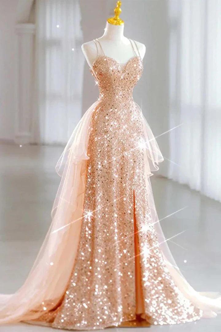 Vestido de fiesta con lentejuelas, tul brillante, cordones en la espalda