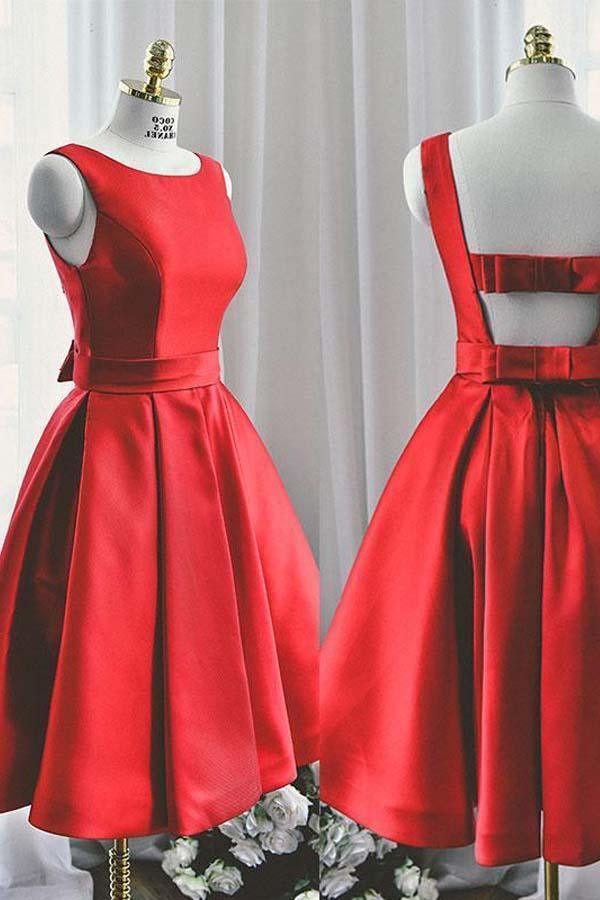 Round Neck Cute Red A line Satin Short Prom Dress Homecoming Dress