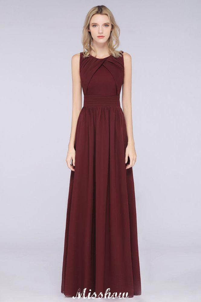 Round-Neck Floor-Length Ruffles Chiffon Bridesmaid Dress Aline Sleeveless Maid of Honor Dress