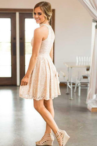 Round Neck Short Pearl Pink Lace Homecoming Party Dress with Pearls
