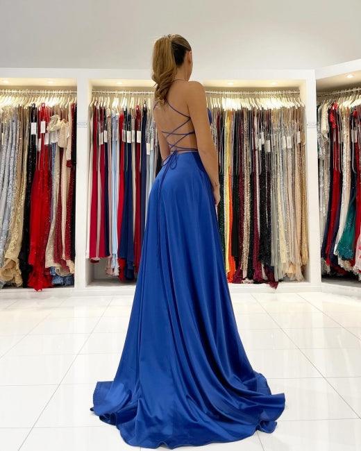 Vestidos de fiesta largos azul real con corte en A y espalda descubierta