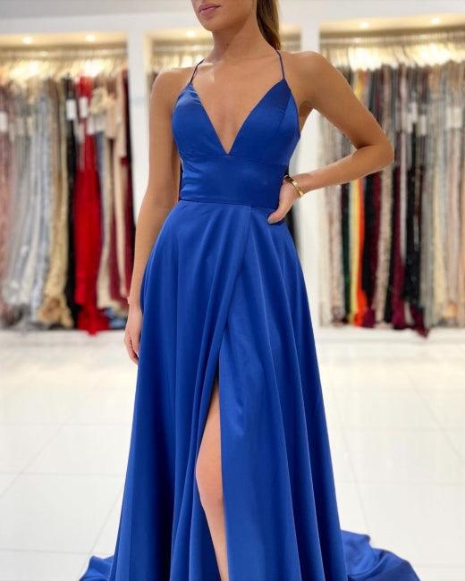 Vestidos de fiesta largos azul real con corte en A y espalda descubierta