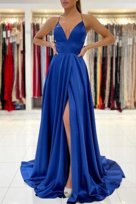 Vestidos de fiesta largos azul real con corte en A y espalda descubierta